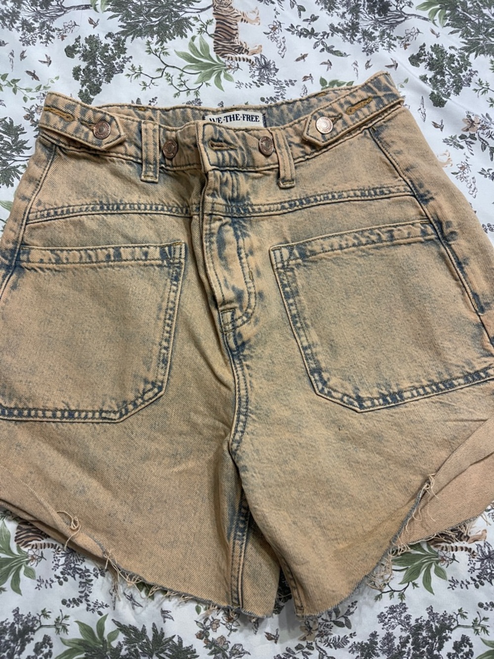 We The Free Tan and Black Acid Wash Denim Shorts